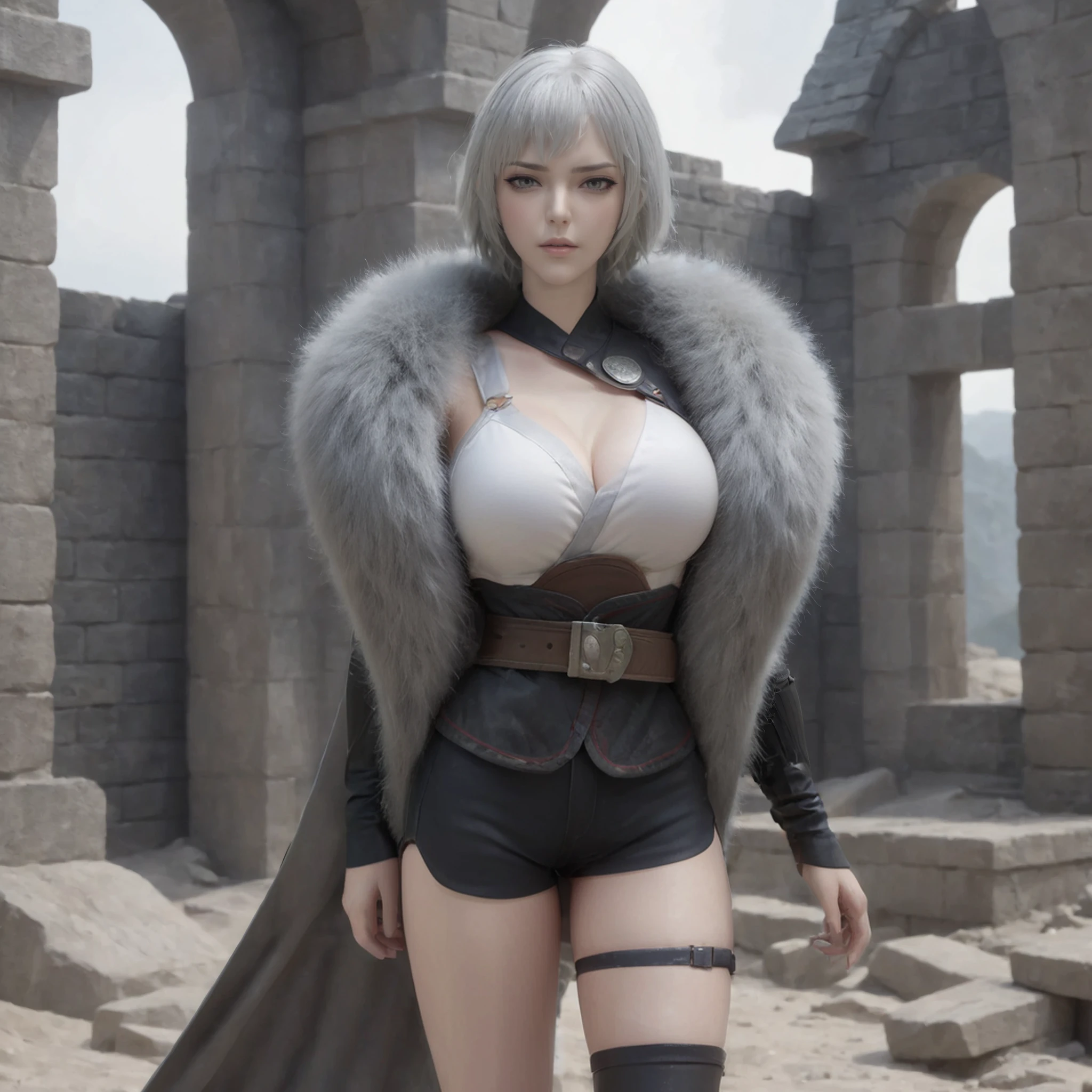 baiyuekui,solo,full body,gray fur cape,single thighhigh,thigh strap,asymmetrical legwear,black shorts,boots,black footwear,belt,high heels,
outdoors,War ruins,
narrow waist,wide hips,large breasts,white hair,short hair,
(photorealistic:1.4),(masterpiece,best quality,ultra_detailed,highres,absurdres:1.2),
<lora:neg4all_bdsqlsz_xl_V7:1.4>,<lora:baiyuekui_V5:0.7>,