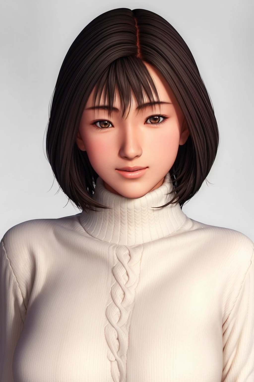 Simple White Background,
white sweater,long sleeves,turtleneck, 
<lora:Nozomi_Harasaki_Shenmue-KK77-V1:0.7>,
Brown eyes, black hair,bangs,Short hair,
<lora:Oda_Non_Style-KK77-V2:0.3>,<lora:more_details:0.1>,
1 girl, 20yo,Young female,Beautiful long legs,Beautiful body,
Beautiful Nose,Beautiful character design, perfect eyes, perfect face,expressive eyes,perfect balance,
looking at viewer,(Focus on her face),closed mouth, (innocent_big_eyes:1.0),(Light_Smile:0.3),
official art,extremely detailed CG unity 8k wallpaper, perfect lighting,Colorful, Bright_Front_face_Lighting,White skin,
(masterpiece:1.0),(best_quality:1.0), ultra high res,4K,ultra-detailed,
photography, 8K, HDR, highres, absurdres:1.2, Kodak portra 400, film grain, blurry background, bokeh:1.2, lens flare, (vibrant_color:1.2),professional photograph,
(Beautiful,large_Breasts:1.4), (beautiful_face:1.5),(narrow_waist),