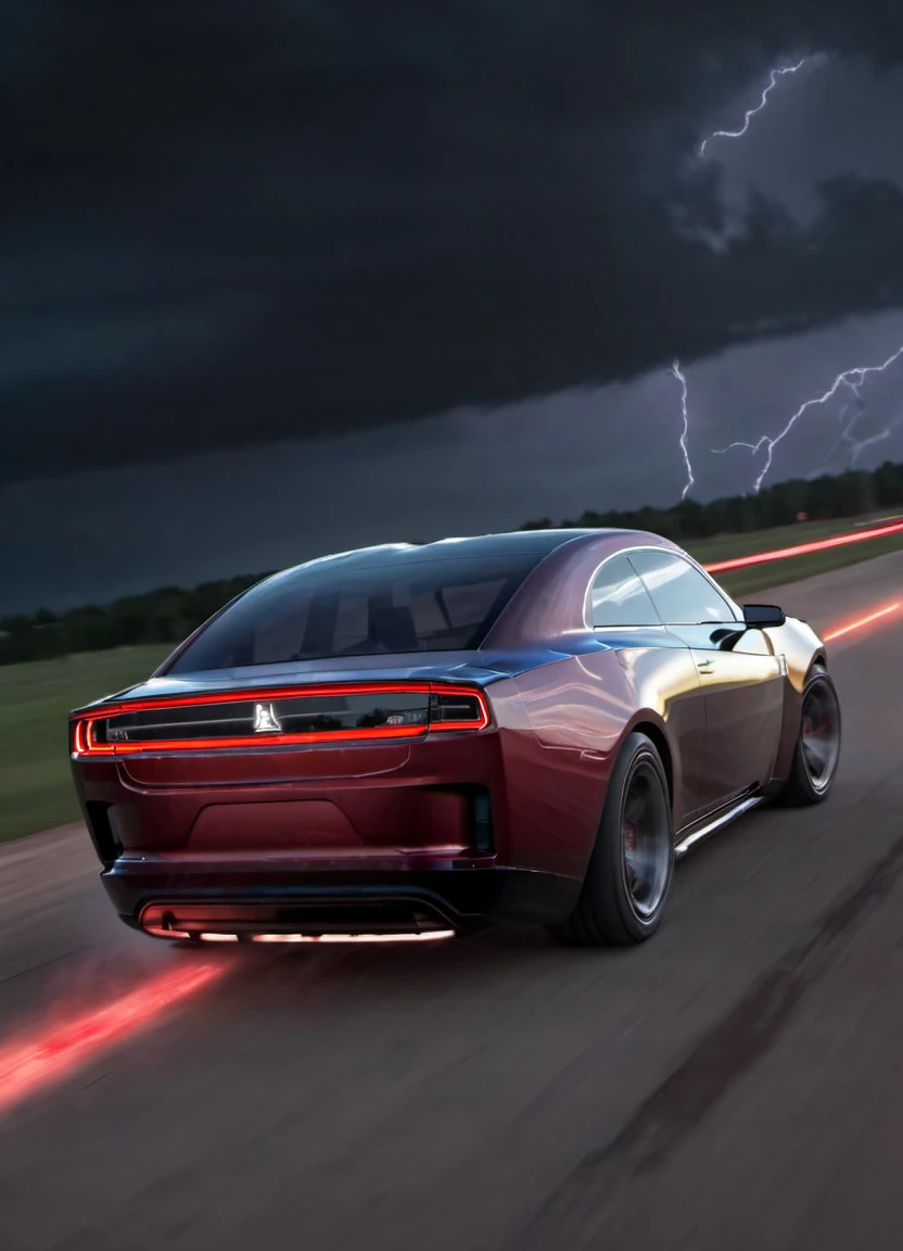 <lora:ChargerConceptSDXL_v1:1> black chargerconcept driving through the night, seen from the behind with the tail lights on, tire smoke, dramatic, red lighting, driver, lightning and storm,
realistic, cinematic, highly detailed,