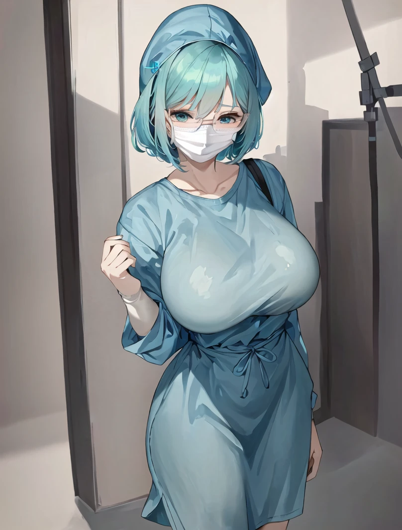 ((masterpiece, best quality, high quality)),1girl, (lower body, hospital), <lora:Surgical uniform:0.9> (surgical_uniform, mask, long sleeves, surgical mask,long dress, gloves,hat covering hair, hat,hair cover),  <lora:Sachie Uchiyama:0.7> (Sachie Uchiyama, 3dcg 11, 1girl, short hair, large breasts, hair between eyes, glasses, single braid, aqua_eyes, aqua_hair, pale_skin, pale-skinned female, bob cut, big hair),