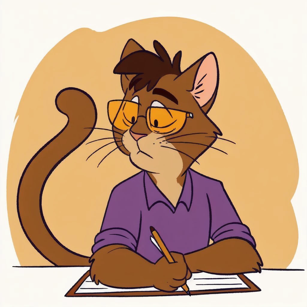 <lora:belkin-10:0.5>
belkin, cat, solo, male, 1boy, masterpiece, brown fur, whiskers, cat tail,
dark hair, short hair, eyeglasses, orange lenses, purple shirt, drawing,
