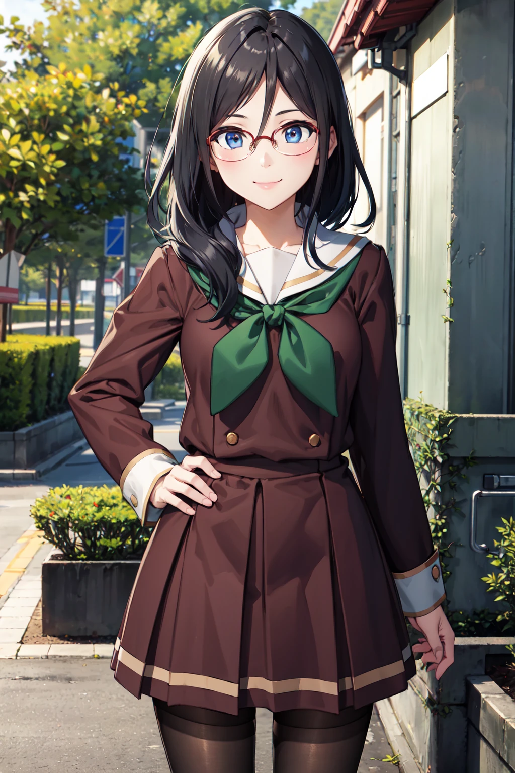 masterpiece,best quality,highres,ultra-detailed,aaasuka,long hair,glasses,red-framed eyewear,kitauji high school uniform,serafuku,sailor collar,green neckerchief,brown shirt,long sleeves,brown skirt,pantyhose,black pantyhose,loafers,brown footwear,<lora:tanaka_asuka:0.8>,outdoors,standing,:smile,cowboy shot,