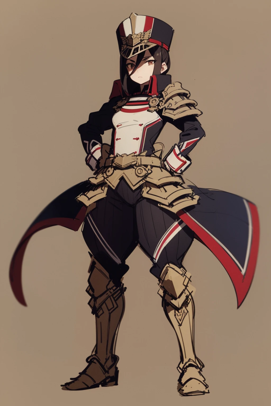 masterpiece, best quality, 1girl, morag, brown eyes, hat, military uniform, pauldron, armor, gloves, hands on hips, standing, solo, sketch, simple background <lora:Morag:1>