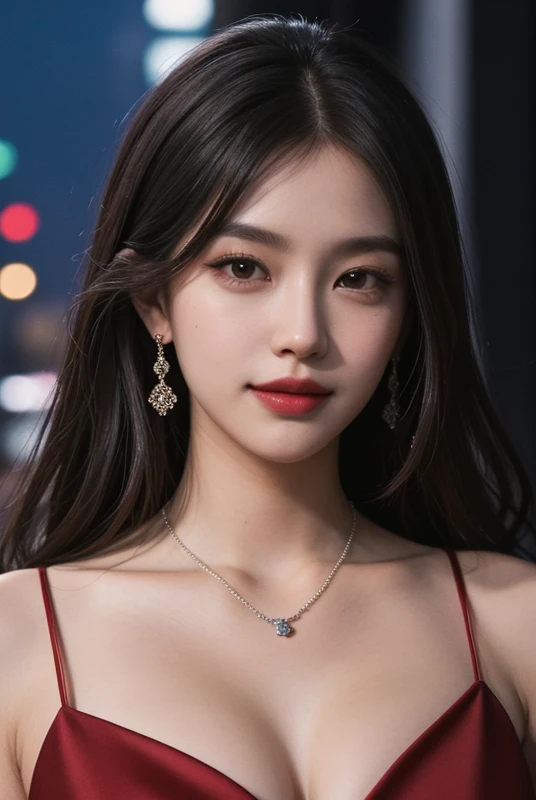 best quality, masterpiece, intricate details:1.4),highres,incredibly absurdres,wallpaper,(rich shadows:0.5),8k,Film grain,(beautiful face:1.3),looking at viewer,smirk,a woman,real skin,glamor,tall,muscular,(curvy:0.7) BREAK dark red dress,slip dress,earrings,necklace,spectacular night view,skyscraper,hdr,