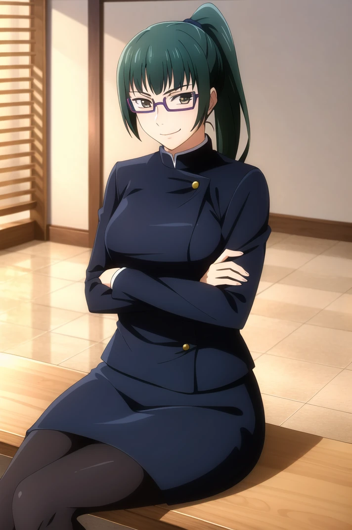 (masterpiece), high quality, (detailed background:1.3), 1girl, solo,
<lora:MakiZenin-v2-05:0.65>, ChopioMakiZenin, long hair, green hair, blunt bangs, high ponytail, brown eyes, glasses, semi-rimless eyewear, (looking at viewer:1.3),
hair tie,
outfit_1, gakuran, blue jacket, long sleeves, blue skirt, black pantyhose,
school, indoors, desks, chairs, sitting,
crossed legs, crossed arms, arms under breasts, seductive smile,