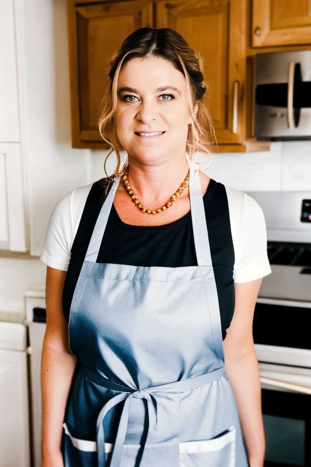 a RAW photo, portrait of erinelectra, wearing apron, kitchen <lora:ErinElectra:1>
