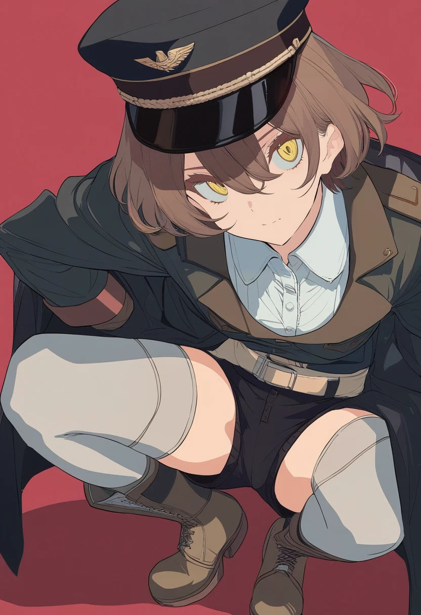 masterpiece, best quality, <lora:BARD713XL_V1:1> 1girl, solo, brown hair, hat, red background, shirt, simple background, shorts, thighhighs, looking at viewer, jacket, black shorts, belt, short hair, yellow eyes, collared shirt, squatting, white shirt, hair between eyes, grey thighhighs, black headwear, long sleeves, black jacket, military hat, boots, pocket