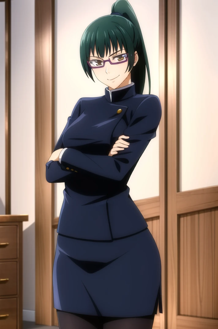 (masterpiece), high quality, (detailed background:1.3), 1girl, solo,
<lora:MakiZenin-v2-05:0.65>, ChopioMakiZenin, long hair, green hair, blunt bangs, high ponytail, brown eyes, glasses, semi-rimless eyewear, (looking at viewer:1.3),
hair tie,
outfit_1, gakuran, blue jacket, long sleeves, blue skirt, black pantyhose,
school, indoors,
standing, (sexy smile, sexy pose:1.4), crossed arms, arms under breasts,