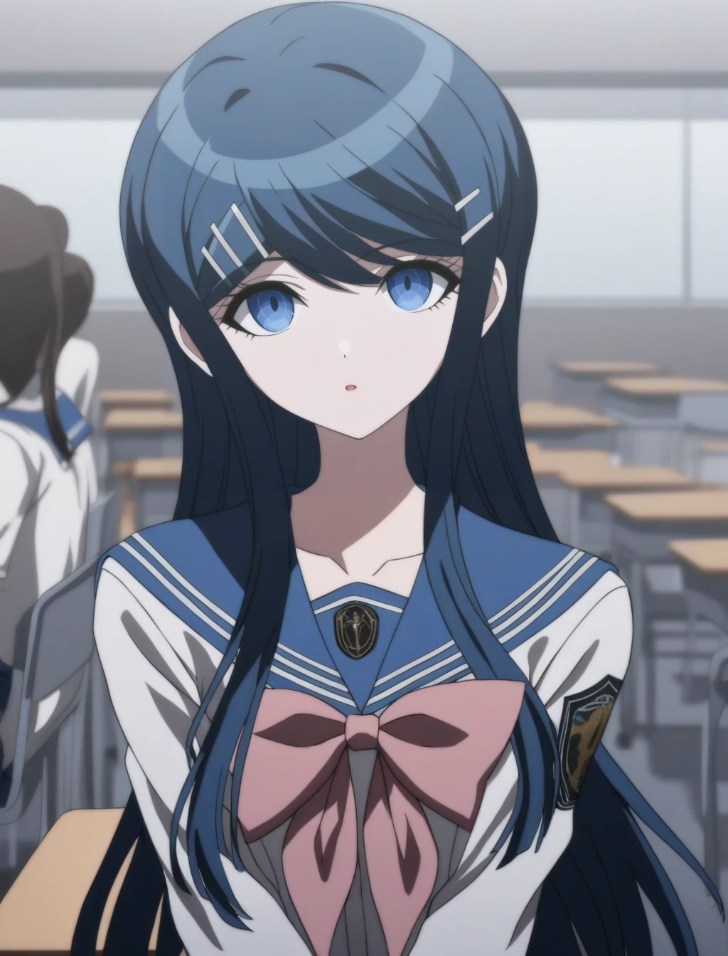 best quality,masterpiece,newest,looking at viewer,rating: general,classroom,<lora:Maizono_Sayaka_XL:1>,(blue hair, maizono sayaka,long hair, bangs, hair ornament, hairclip),school uniform,sailor collar,shirt,serafuku,bow,pink bow,blue sailor collar,classroom,