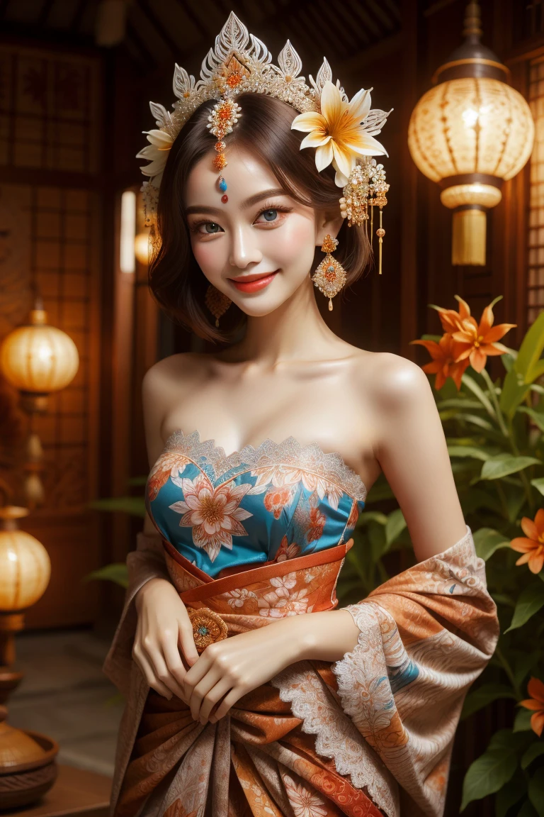 1girl, black eyes, black hair, blue eyes, blurry, blurry background, breasts, brown eyes, closed mouth, collarbone, dress, earrings, fine art parody, floral print, flower, forehead mark, grin, hair flower, hair ornament, headdress, indonesian atmosphere, indoors, jewelry, korean clothes, lace, light smile, lips, long hair, looking at viewer, makeup, orange flower, outdoors, own hands together, photo background, plant, realistic, red lips, short hair, small breasts, smile, solo, straight-on, strapless, strapless dress, traditional clothes, upper body, web address, white dress