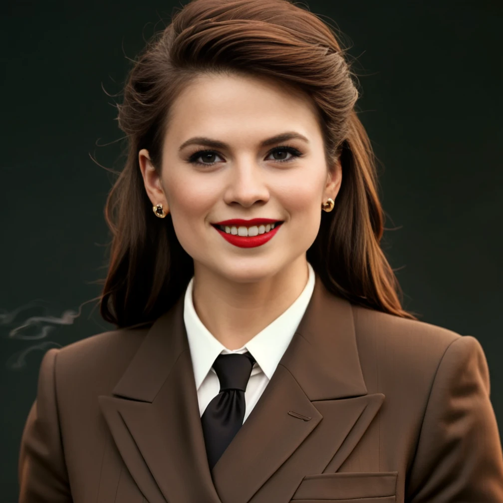 Formal attire, conservatives attire, modest, humble, Hayley_Atwell woman busty brown hair brown eyed model a woman  posing for a picture on the epic location, fantasy location, fire smoke and black background and a urban in the background model  red lips great hair tall perfect skin great teeth <lora:Hayley_Atwell-000012:0.7>