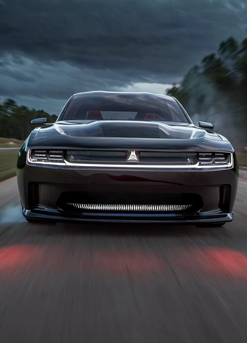 <lora:ChargerConceptSDXL_v1:1> black chargerconcept driving, seen from the front with the lights on, tire smoke, dramatic, red lighting, driver, storm and thunder,
realistic, cinematic, highly detailed,
