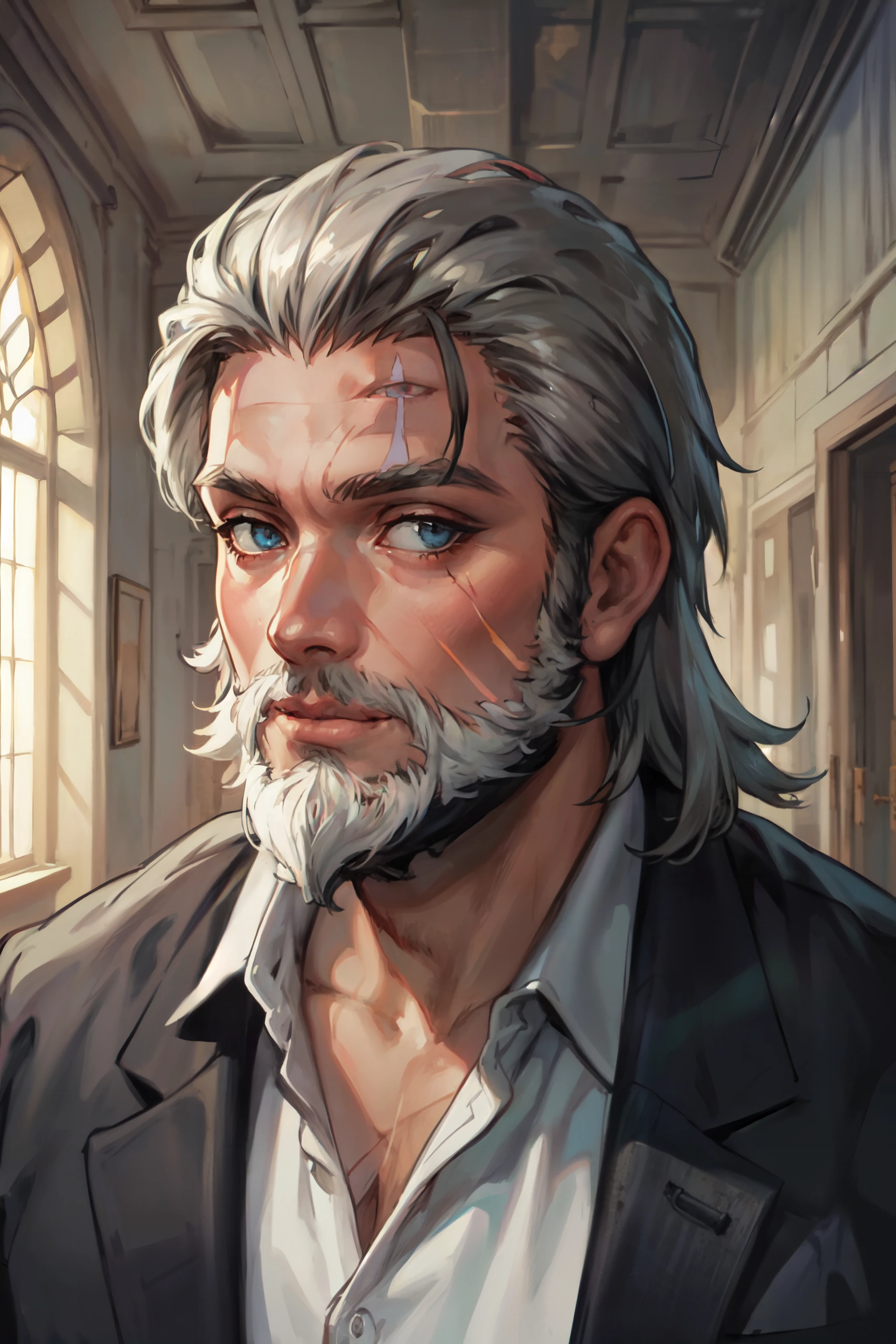 (masterpiece, best quality, ultra detailed, beautiful illustration), atmospheric perspective, depth of field, looking at viewer, beautiful detailed eyes, anime eyes:1.4, (portrait, close-up:1.3), dynamic pose, dynamic angle, (indoors), portrait of a middle-aged man with a scar on his face, (beard:1.2), man, graying hair