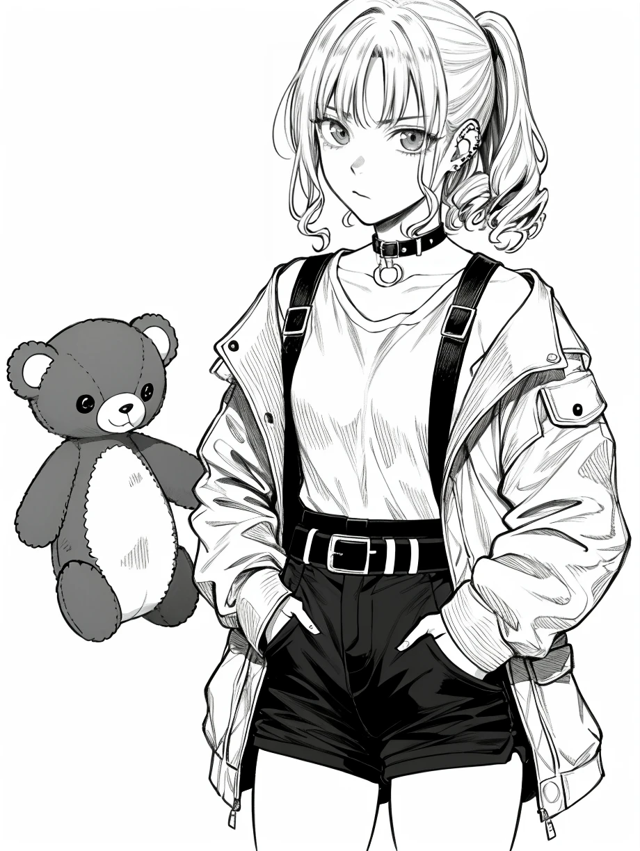 HEZI, black and white line, line tension, character tension, cool, 1girl, greyscale, monochrome, solo, shorts, choker, jacket, ponytail, earrings, ear piercing, piercing, white background, stuffed toy, jewelry, belt, hands in pockets, simple background, stuffed animal, closed mouth, collar, shirt, cowboy shot, bag, short shorts, holding, open clothes, open jacket, looking at viewer, long hair, shoulder bag, collarbone, long sleeves, looking to the side, teddy bear, sidelocks, standing, hand in pocket, medium hair, belt collar, hatching \(texture\), coat, multiple earrings, spikes, holding stuffed toy, hair pulled back, doll, curly hair<lora:é»ç½çº¿ç¨¿-000003:0.6>
