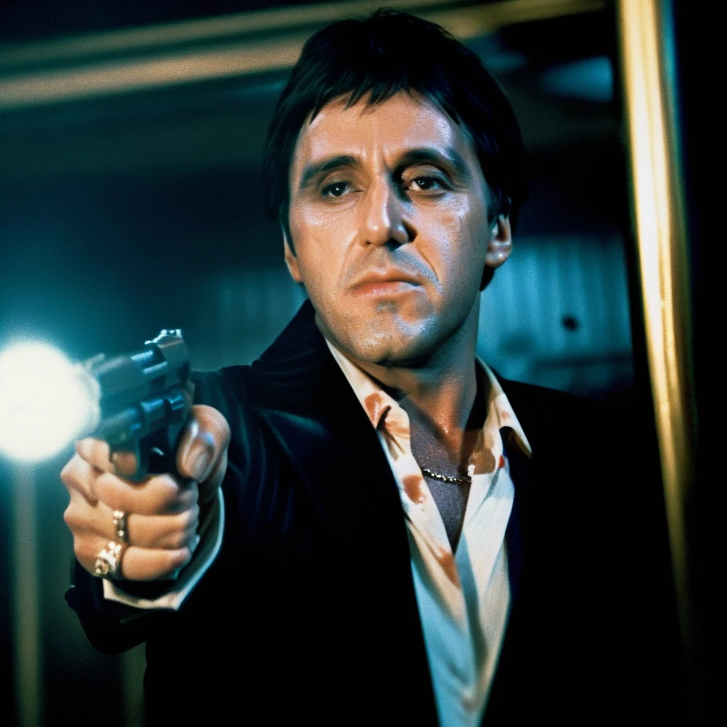 Ultra-realistic extremely detailed real life 8k masterpiece of a man 80s scarface holding little friend gun in a dark alley at night, zombies everywhere, horror scene, extremely detailed facial features, dark scary epic lighting, horror composition <lora:80s scarface:0.7>