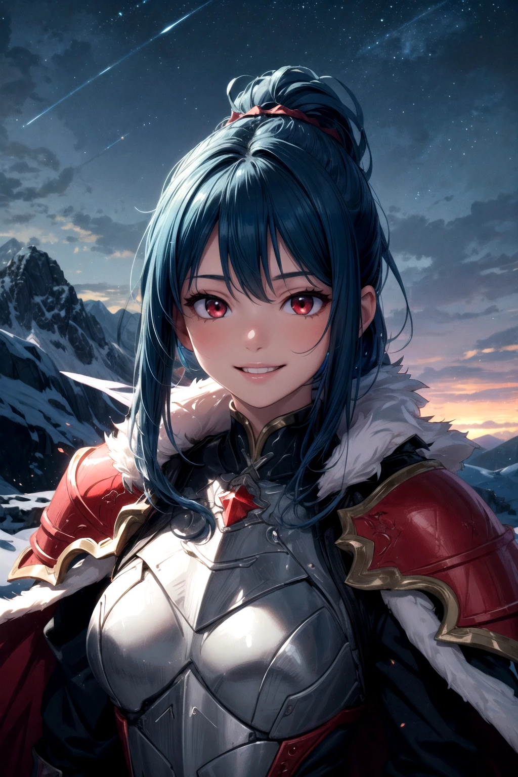 vibrant colors, girl, masterpiece, sharp focus, best quality, depth of field, cinematic lighting, ponytail, blue hair, red eyes, fur armor, mountain, bright smile, night sky,<lora:more_details:0.5>