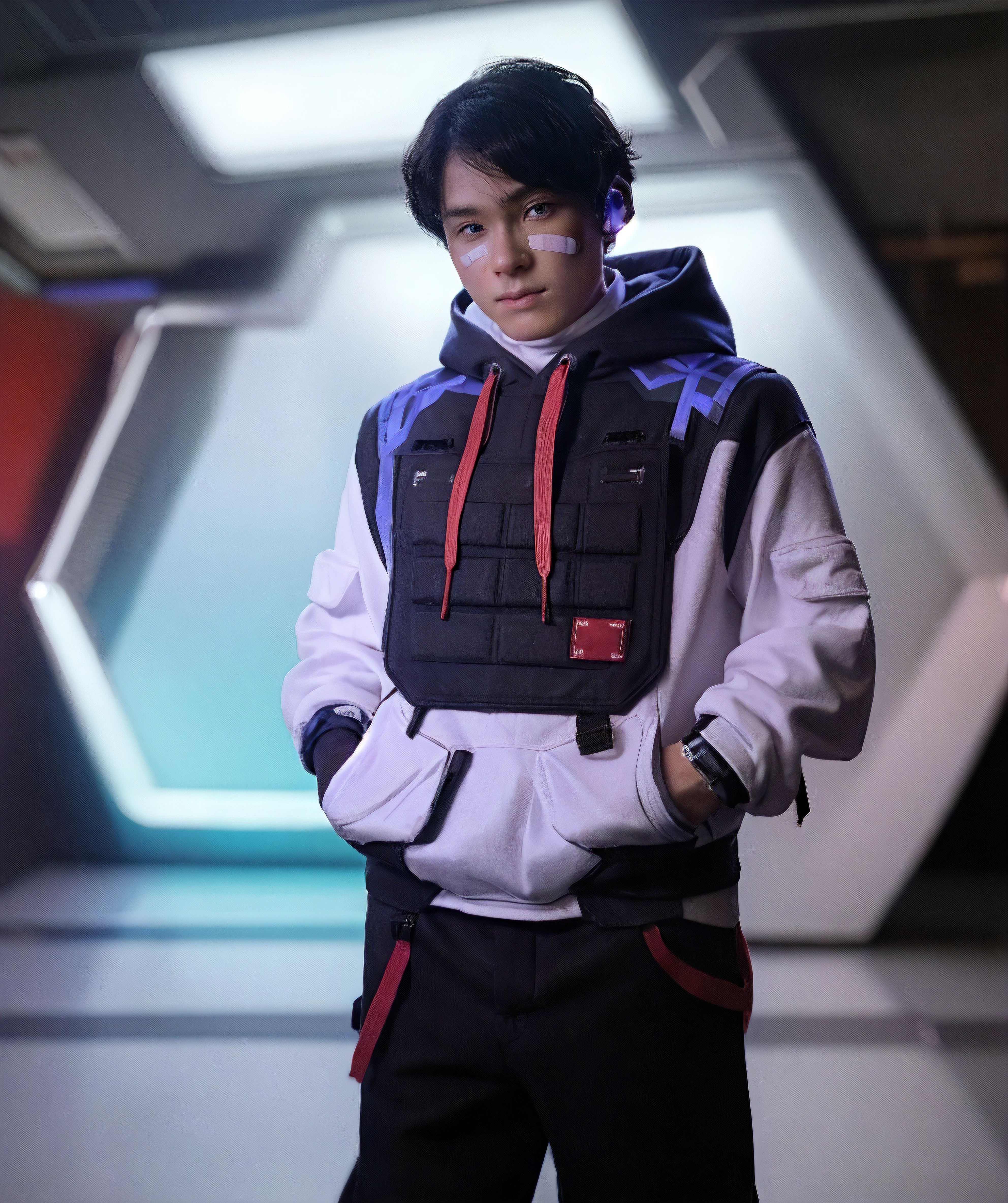 iso_valorant, standing, looking at viewer, jacket, hoodie, long pants, bandaid on face, short black hair, sci-fi base, base <lora:Iso-15:0.85>