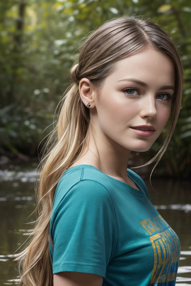 portrait of S300_ScarlettSage,a beautiful woman,in a (swamp:1.1),wearing a (vibrant t-shirt:1.1),(updo),(4k, RAW photo, best quality, depth of field, ultra high res:1.1),(absurdres, intricate, photorealistic, masterpiece, ultra-detailed:1.1),