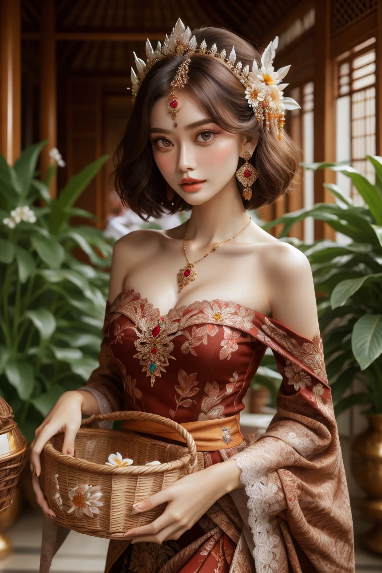 1girl, bangs, bare arms, bare shoulders, black hair, blurry, breasts, brown eyes, brown hair, collarbone, curly hair, dark-skinned female, day, depth of field, detached sleeves, dress, earrings, fine art parody, flower, forehead mark, gem, hair flower, hair ornament, headdress, holding basket, indonesian atmosphere, indoors, jewelry, lace, lips, makeup, big breasts, necklace, nose, off shoulder, realistic, red dress, red lips, rug, short hair, solo, strapless, strapless dress, upper body