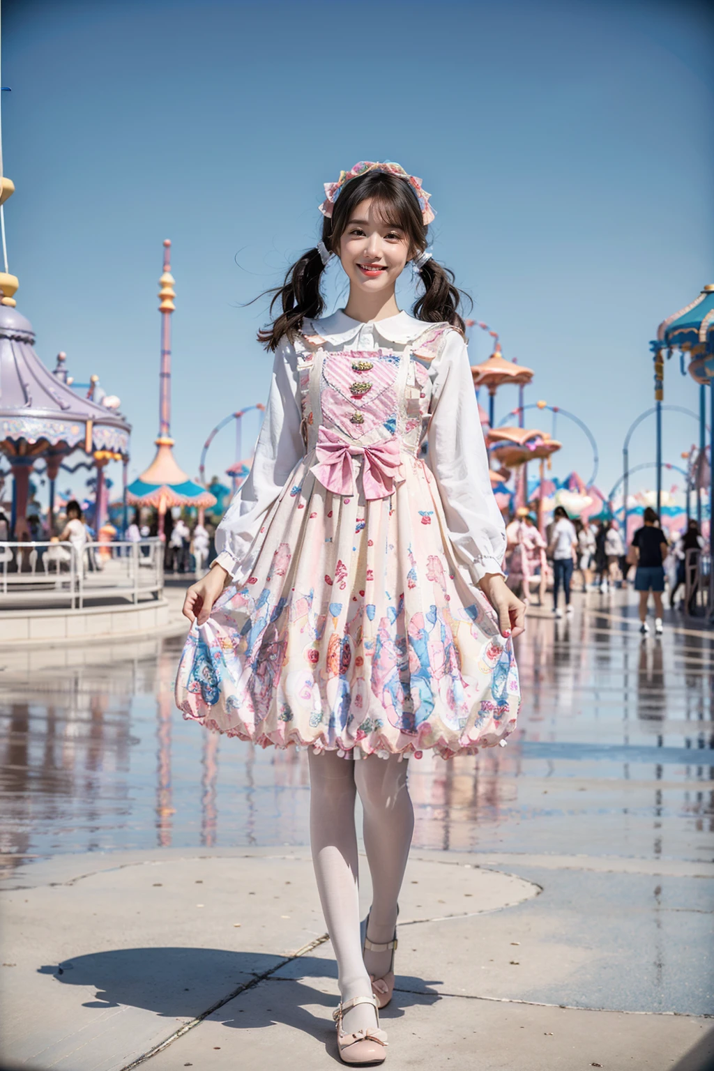 best quality, masterpiece, realistic, photorealistic, 1girl, solo, looking at viewer, smile, full body, standing, low twintails, hair bow, hair hair ornament, hair ribbon, bangs, (in amusement park:1.6), cyb dress, white shirt, pinafore dress, print dress, white pantyhose, shoes, <lora:sweet_attire_style3_v1:0.7>