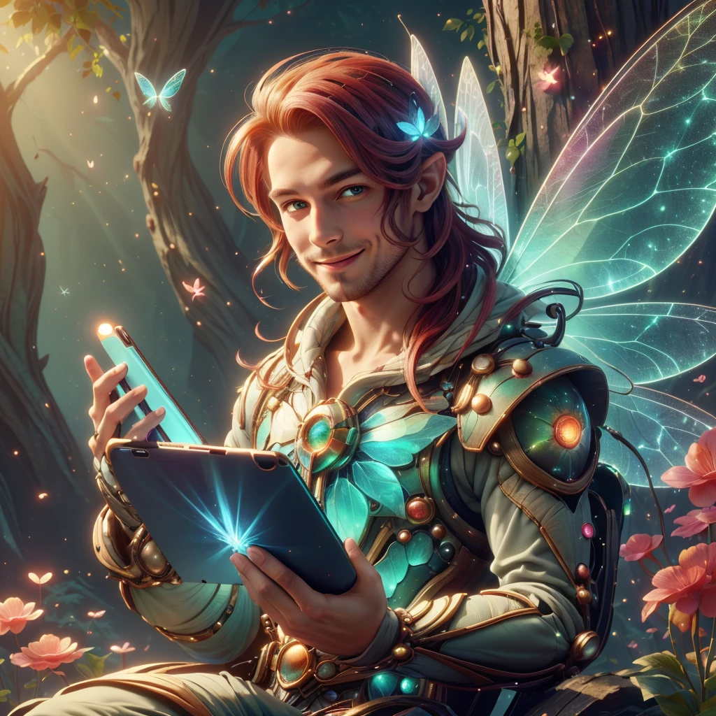 <lora:FaeTech-30:0.8>, faetech ,scifi, pixie dust, iridescent,
scholar , scroll, 1boy,long hair, red hair, glowing eyes, smile,shaved beard, ,closed mouth, holding a tablet