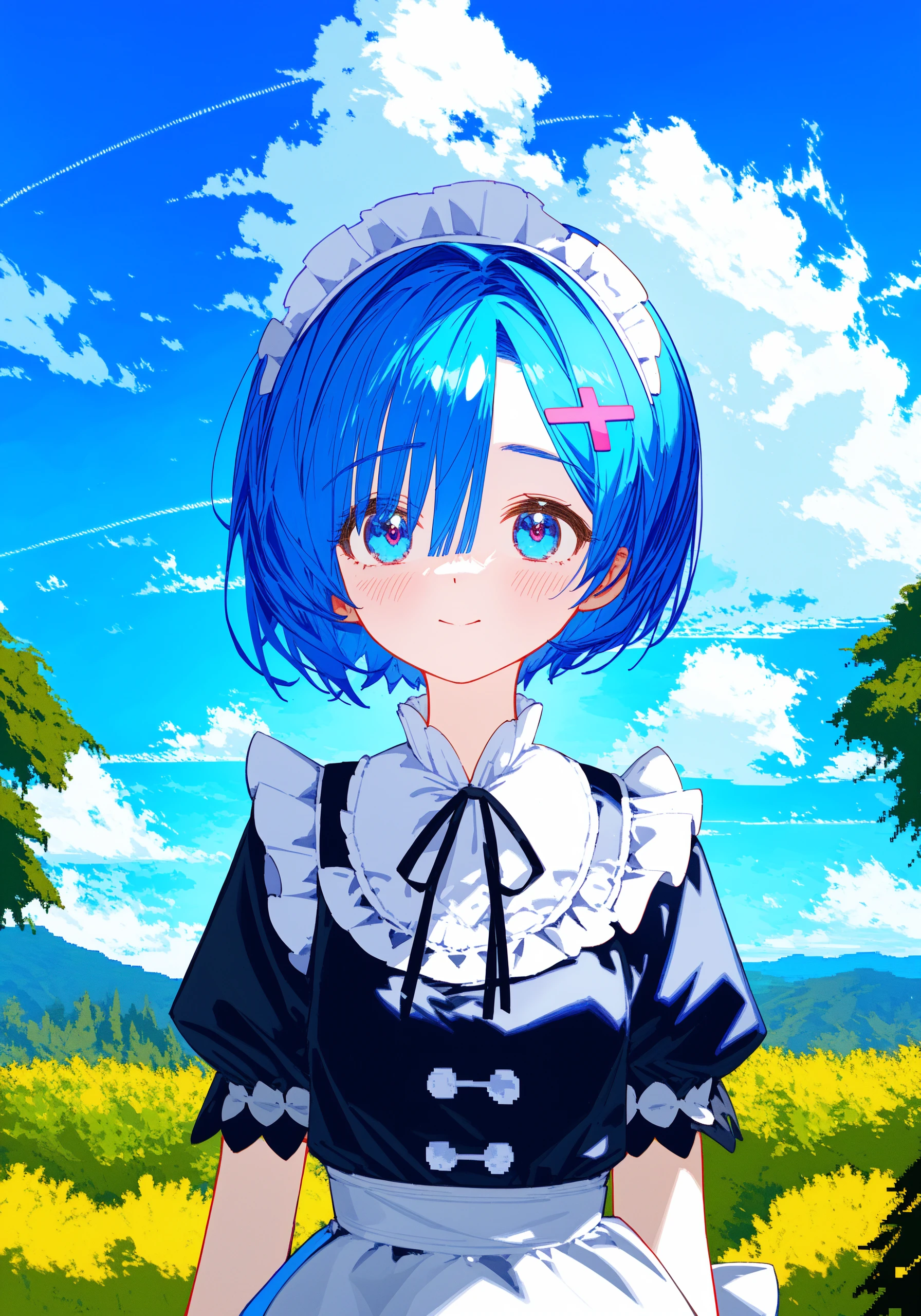 (pixel art:1.2),Rem\(re zero kara hajrmeru isekai seikatsu\),Maid service, blue hair, short hair,(upper body),blue sky, white cloud