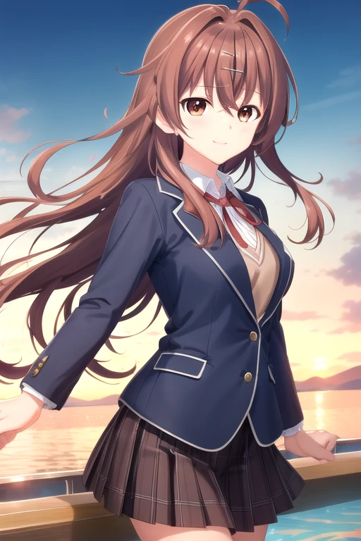 ((masterpiece)),(best quality),official art,extremely detailed CG,unity 8k wallpaper,ultra detailed,beautiful detailed eyes,extremely detailed face,1girl,solo,upper body,looking at viewer,facing viewer,smile,Ayase Aisa(skrk),very long hair,brown hair,shiny hair,floating hair,hair between eyes,hairclip,ahoge,hair ornament,sidelocks,bangs,brown eyes,neck ribbon,red ribbon,school uniform,(black jacket),blazer,wing collar,open jacket,collared shirt,white shirt,long sleeves,medium breasts,miniskirt,black skirt,pleated skirt,plaid skirt,white socks,loafers,<lora:Ayase Aisa(skrk)>,