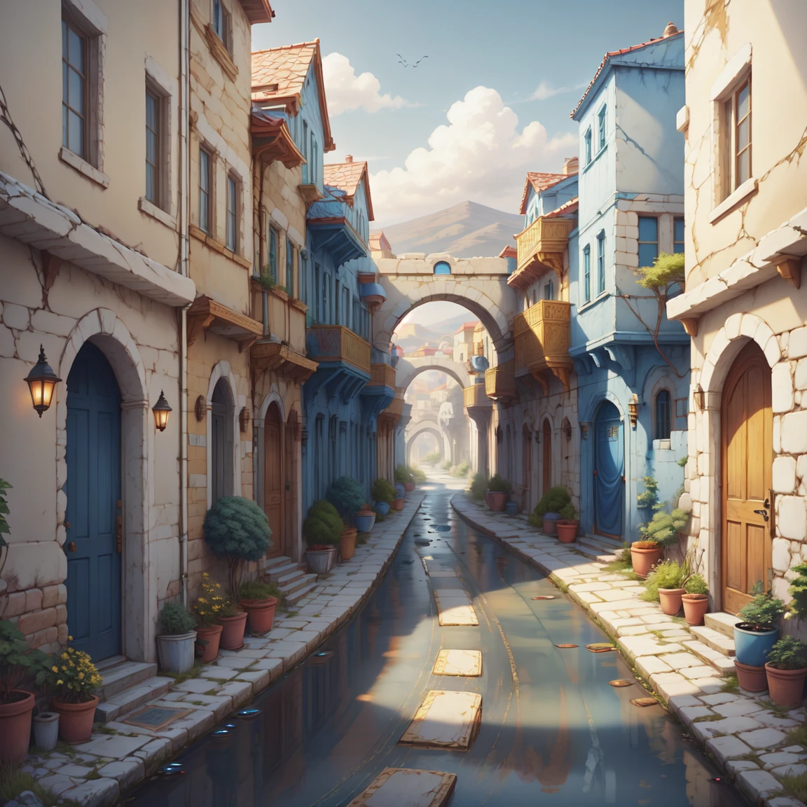 <lora:Greekworld:1> greekworld, winding alley, roads, bridges,