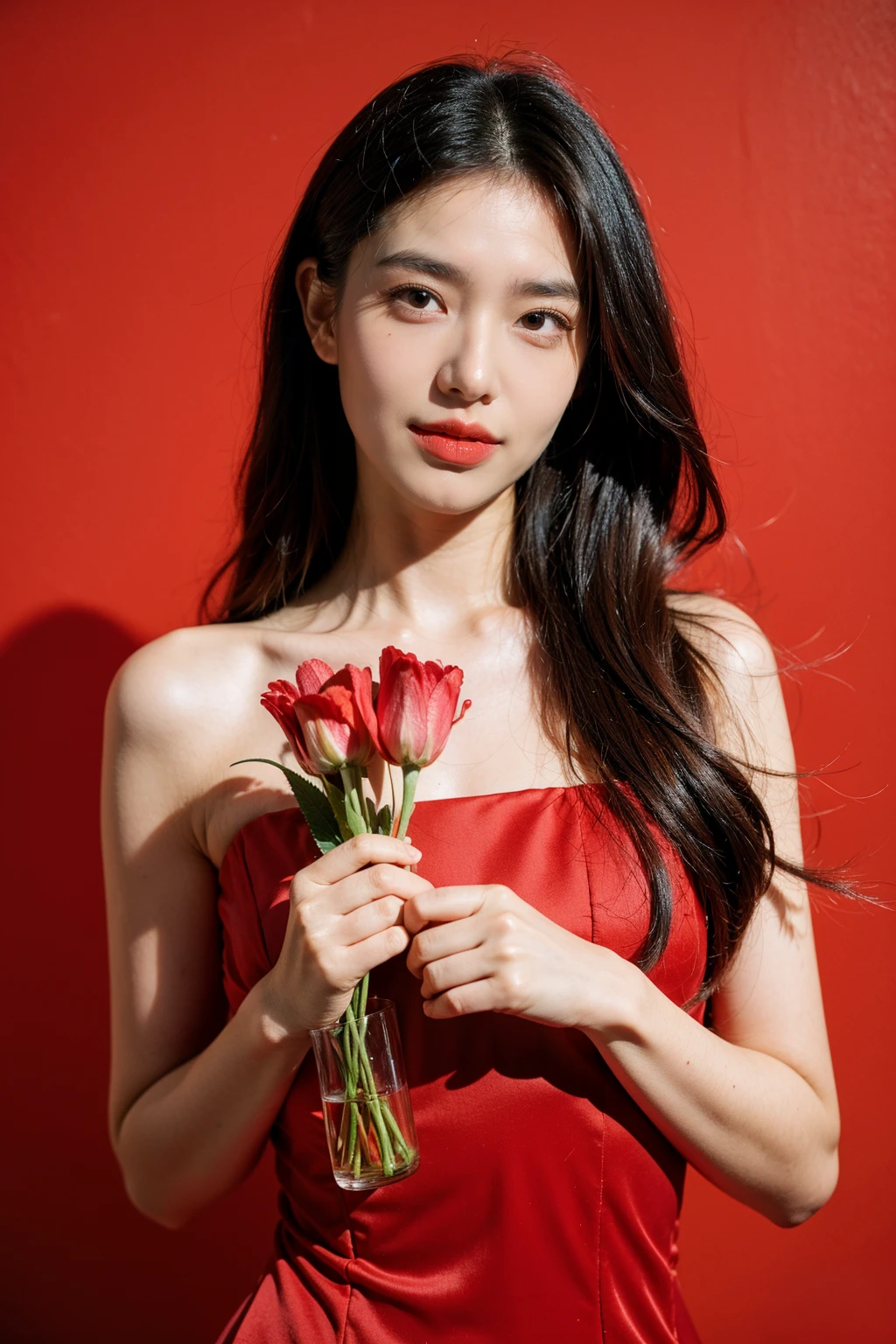 1girl, solo, long hair, black hair, holding flower, red dress, red background, (text "happy new year 2024"), look at viewer, portrait