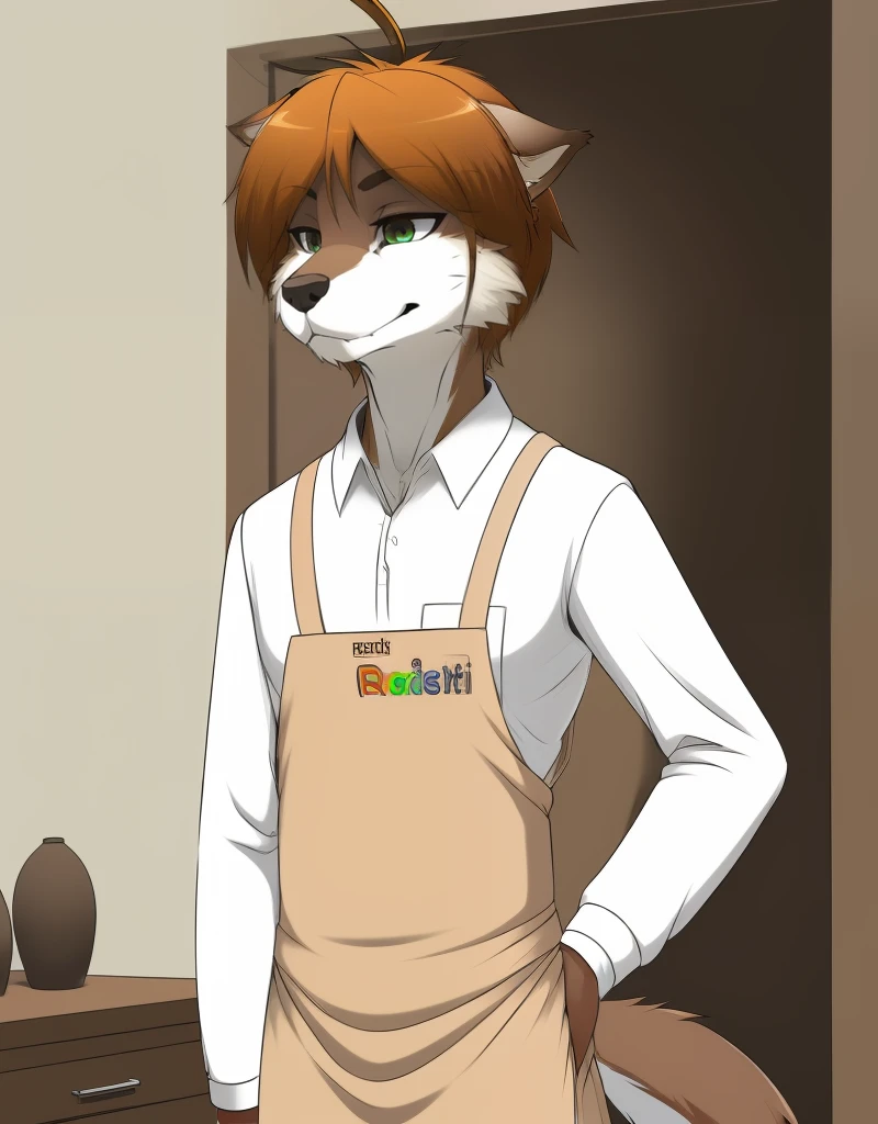 (((detailed eyes, detailed face))), (furry, gaku <lora:character_gaku_findigo_v1:0.9>, short hair, ahoge, dog boy, snout, half-closed eyes, narrow eyes), male, (solo), (skinny, tall), (brown apron, white shirt, grey pants), standing, (arms behind back), smile BREAK (konzaburou, ukan_muri), bedroom, (flat shading, flat color, high brightness), 8k, UHD, masterpiece, (full body)
