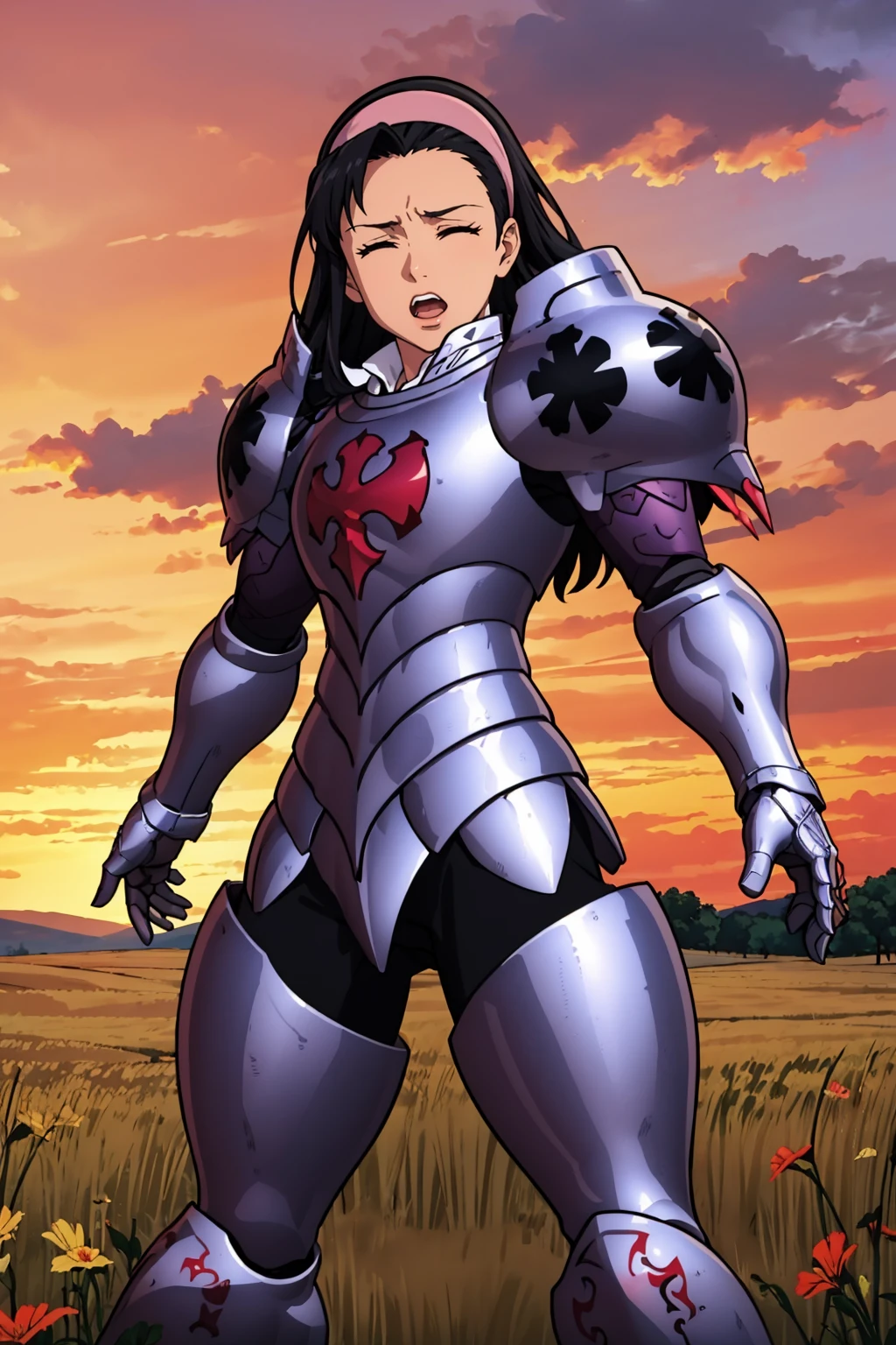 masterpiece, best quality,  <lora:guila-nvwls-v1-000009:0.9> guila, closed eyes, hairband, full armor, shoulder armor, armored boots, blush, embarrassed, forest, sitting