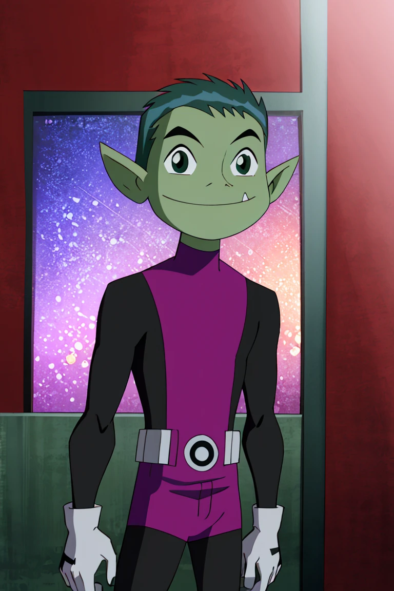 <lora:noelia_ponce_style:0.8>,((masterpiece,best quality)), absurdres, <lora:BeastBoy_TeenTitans:0.8>, BeastBoy_TeenTitans, 1boy, solo, green eyes, green hair, green skin, colored skin, pointy ears, purple bodysuit, solo, smiling, looking at viewer, cowboy shot,