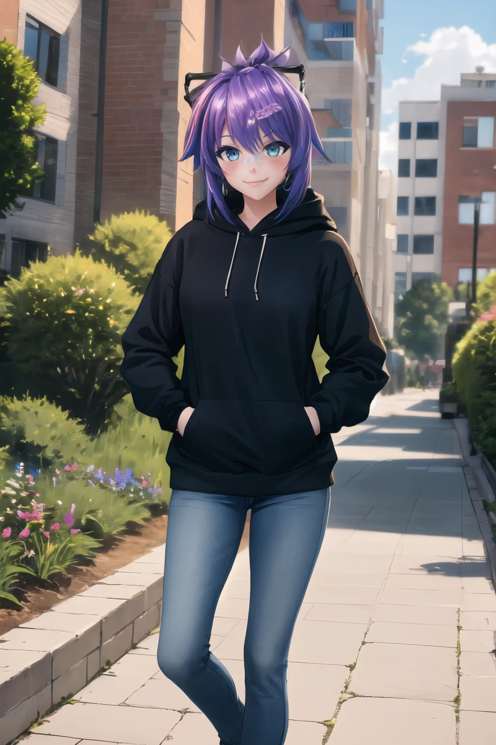 (best quality), outdoors, city, garden, grass, 1girl, solo, ProjektMelodyOriginal, bandaid on nose, short hair, ponytail, hair ribbon, hairclip, medium breasts, <lora:ProjektMelodyOriginal_V1-Manityro:1.0>, toned, looking at viewer, blush, smile, smirk, hoodie, jeans, hands in pockets,