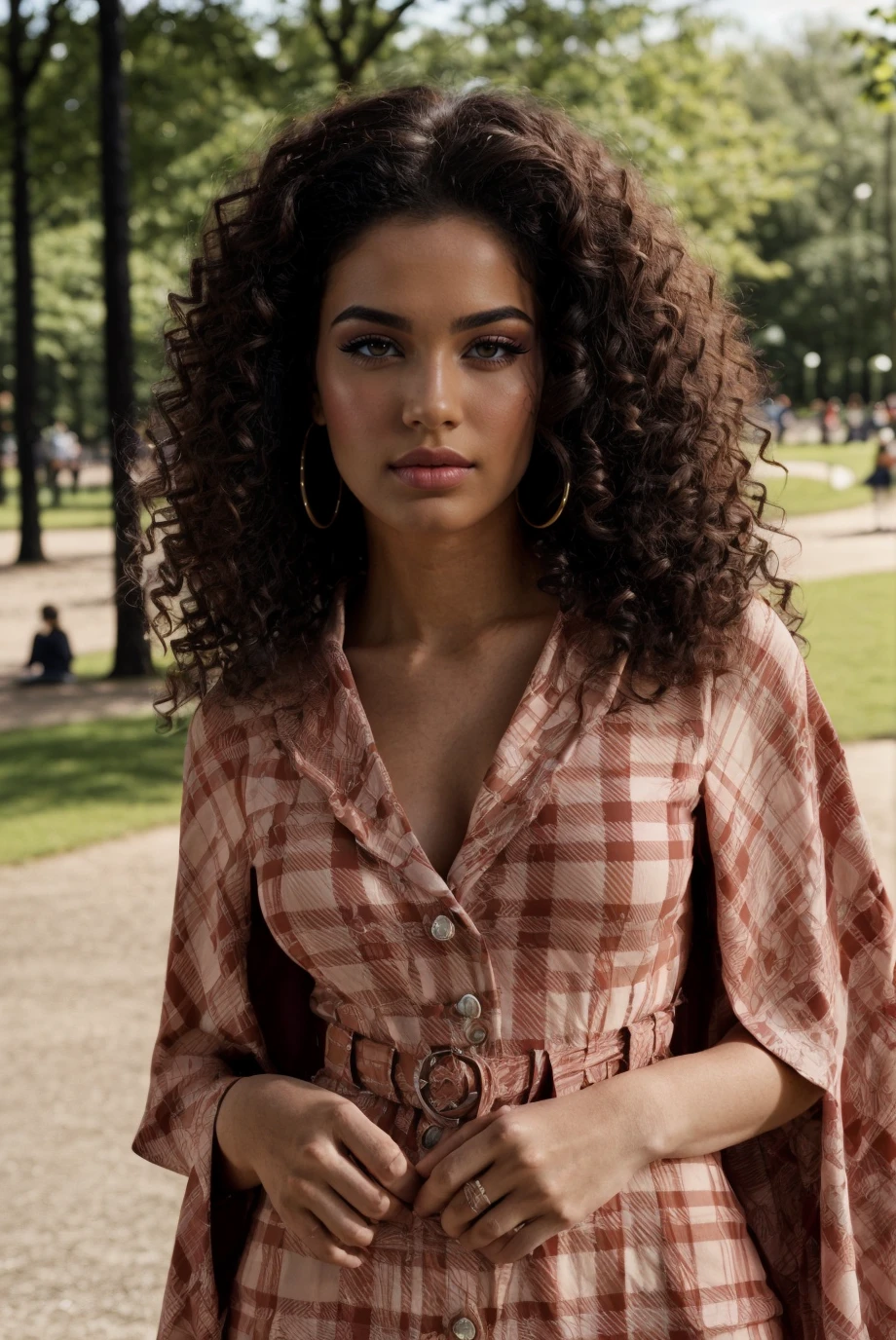 woman, pale skin, (half photo:1.3), (brown layered long 80s hair:1.3), red pl4id, dress, <lora:pl4id-09:0.78>, stiletto heels , best quality, high detail, high quality, high res, 4k,eyeliner, pouty lips, detailed skin texture, (blush:0.5), (at the park, sunny day:1.4)