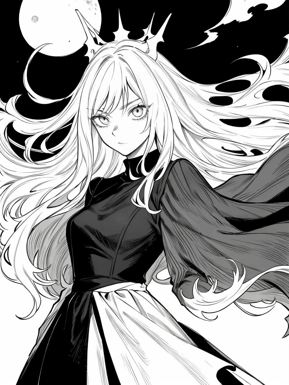 HEZI, black and white line, line tension, character tension, cool,bestmasterpiece,bestquality,extremelydetailedCGunity8k,closeup,illustration,depthoffield,cowboyshot,thecharacteriscentered,symmetricalcomposition,(1girl),Wolftail,Wolfears,Verylonghair,Messyhair,disheveledhair,,(beautifuldetailedeyes),(Crown:1.1),pleateddress,puffylongsleeves,(moon:1.2),((Theblackclouds)),(((flowingtransparentblack))),(floatingblackcloud:1.2),buildingarchitecture,depthoffield,castle,blackandwhitemelt,lineart,monochrome,<lora:é»ç½çº¿ç¨¿-000003:0.6>
