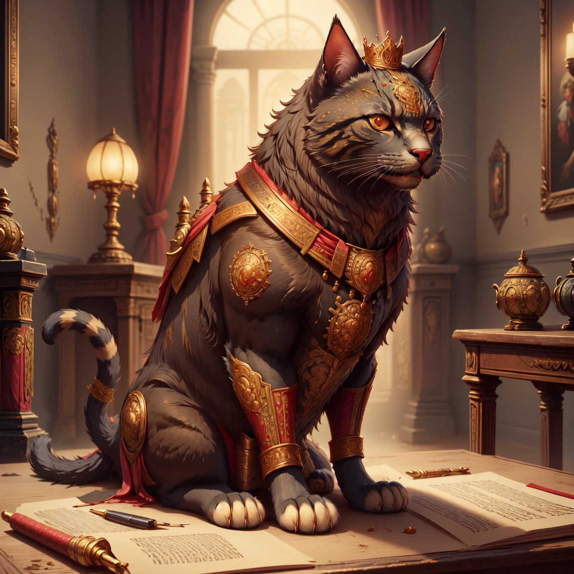 masterpiece, best quality, <lora:RomanWorldBmar:1> romanworld, armoured, cat, sitting on table, crown,