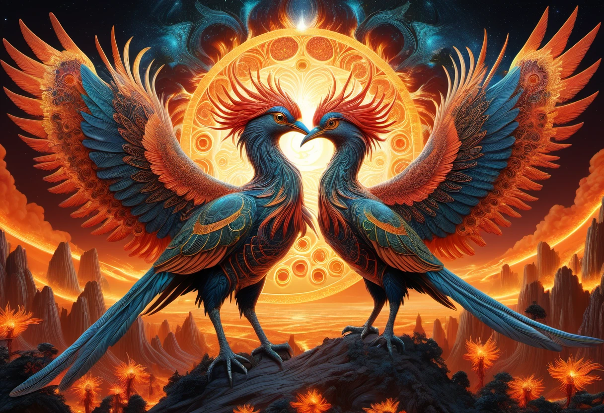 hyper detailed masterpiece, DonM3t3rn1tyXL, transhumanism of solar phoenixe- celestial birds adorned with fiery plumage and radiant solar patterns , neural hacker <lora:DonM3t3rn1tyXL-v1.1-000008:0.8>