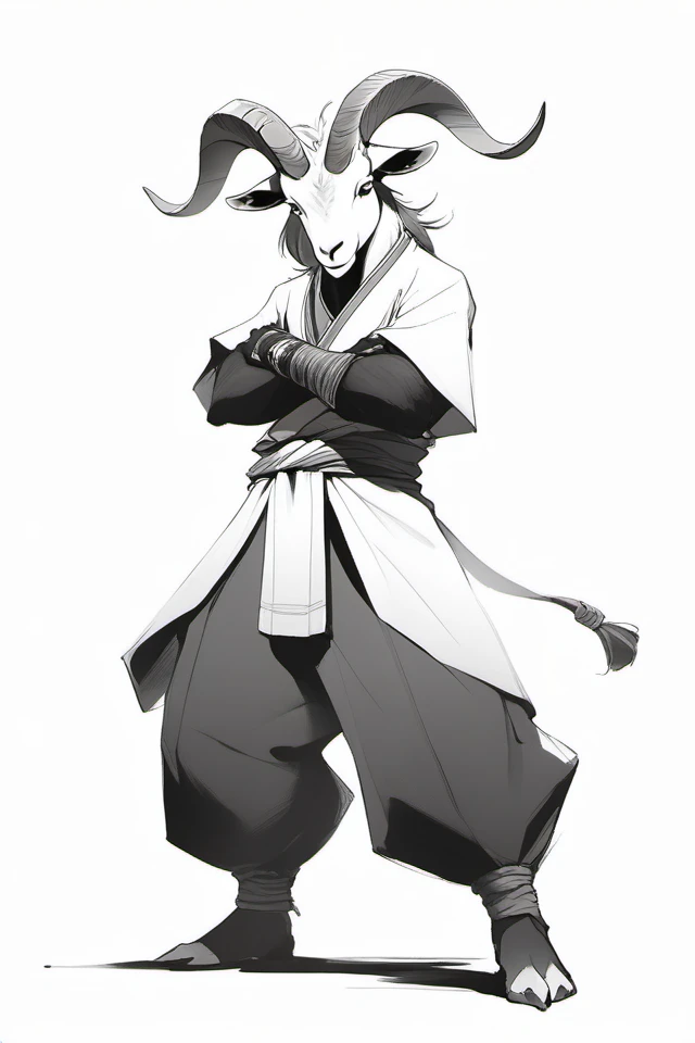 Goat, furry, solo, looking at viewer, simple background, white background, animal ears, standing, monochrome, horns, pants, furry male, goat horns, goat ears, full body, dougi