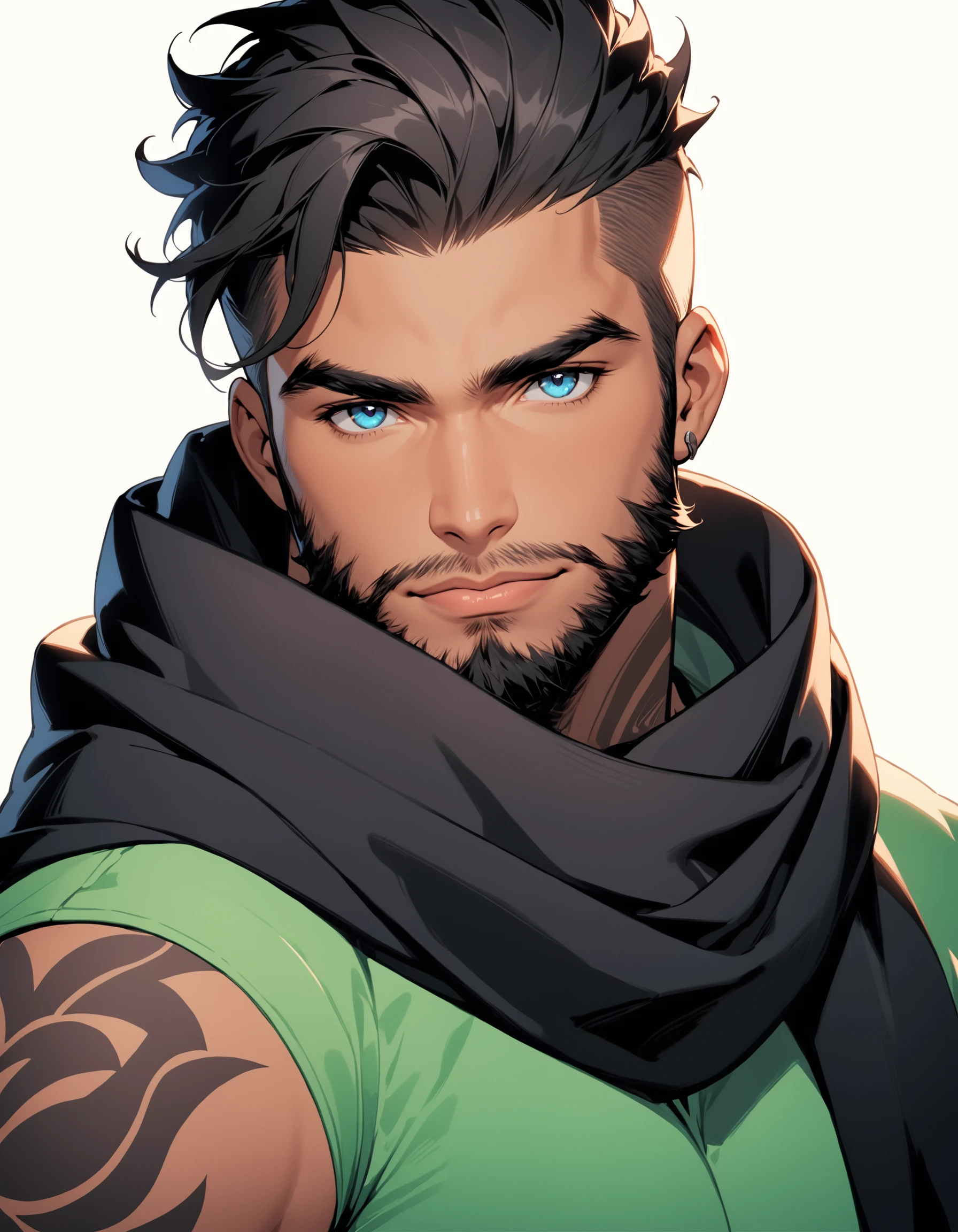Mj Osea Style, 1boy, bara, solo, looking at viewer, blue eyes, black hair, upper body, male focus, dark skin, scarf, lips, tattoo, facial hair, beard, undercut, black scarf, masterpiece, best quality , <lora:MJ-OSEAXL:0.8>