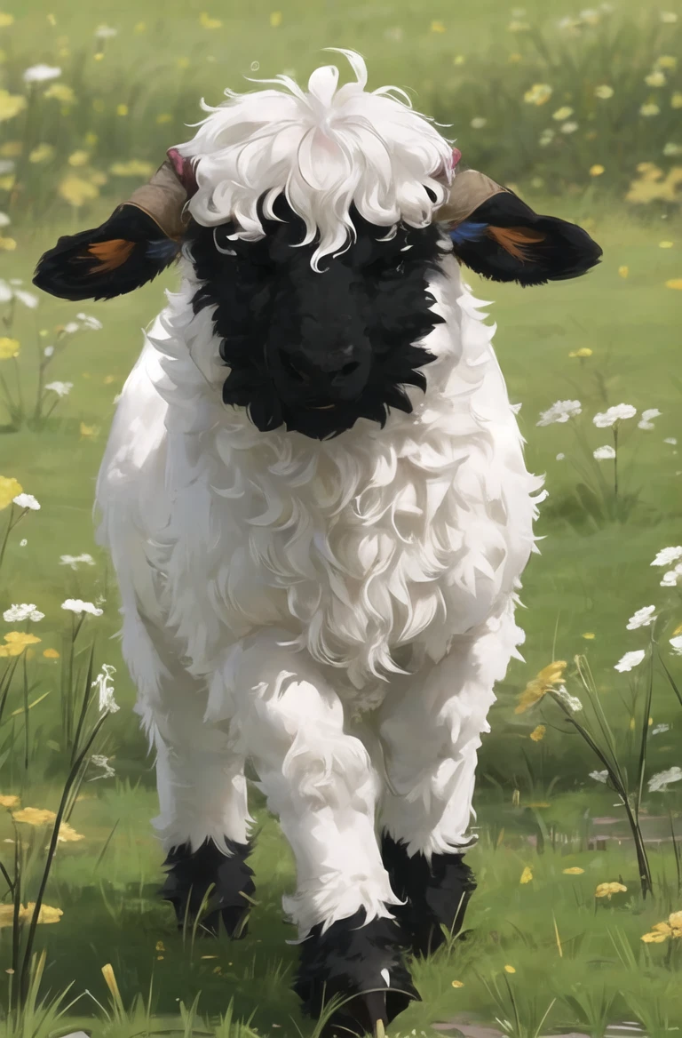 furry girl,BlacknoseSheep,solo,white hair,hoof,grass, dress,black face
 <lora:BlacknoseSheep:0.6>   <lora:Hyilpi_style:0.3>