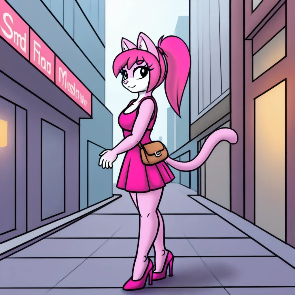 <lora:slave_kitty-50:0.5>
masterpiece, 1girl, female, solo,
slave_kitty,  cat, cat tail, pink fur, dark pink hair, ponytail, black eyes, black pupils, pink dress, high heels,
city street background, detailed background, female bag, walking, walking into building, side view,