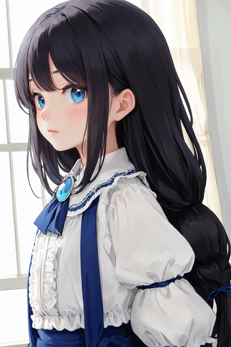 masterpiece, best quality, detailed, 1girl, close up,dreadlocks, blue eyes, brooch, laces, frilled sleeves, dress, village, arms behind back,blue theme