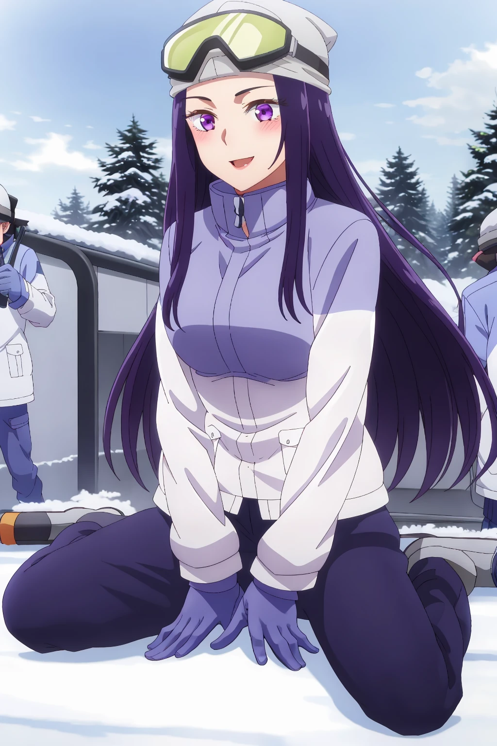 ((best quality)),((highly detailed)),masterpiece,absurdres,detailed face,beautiful face,(detailed eyes, deep eyes),1girl,((dynamic pose)) , <lora:SayuriV1:0.8>, Sayuri, purple hair, blush, snow, purple eyes, gloves, long hair, goggles, winter clothes, helmet, tree, goggles on head, winter, sitting, solo, hat, jacket, day, smile, solo focus, coat, outdoors, short hair, sky, glasses