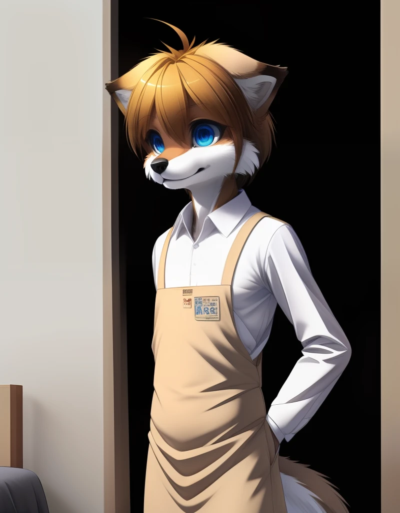 (((detailed eyes, detailed face))), (furry, gaku <lora:character_gaku_findigo_v3+1:1>, short hair, ahoge, dog boy, snout, half-closed eyes, narrow eyes), male, (solo), (skinny, tall), (brown apron, white shirt, grey pants), standing, (arms behind back), smile BREAK (konzaburou, ukan_muri), bedroom, (flat shading, flat color, high brightness), 8k, UHD, masterpiece, (full body)