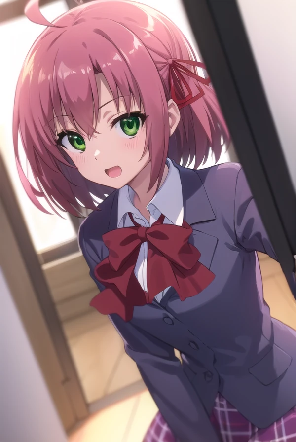 kurimusakurano, <lora:kurimu sakurano s2-lora-nochekaiser:1>,
kurimu sakurano, short hair, ribbon, (green eyes:1.3), hair ribbon, pink hair, ahoge, smile, open mouth,
BREAK skirt, school uniform, plaid, plaid skirt, shirt, white shirt, collared shirt, jacket, long sleeves,
BREAK indoors, classroom,
BREAK looking at viewer, (cowboy shot:1.5),
BREAK <lyco:GoodHands-beta2:1>, (masterpiece:1.2), best quality, high resolution, unity 8k wallpaper, (illustration:0.8), (beautiful detailed eyes:1.6), extremely detailed face, perfect lighting, extremely detailed CG, (perfect hands, perfect anatomy),