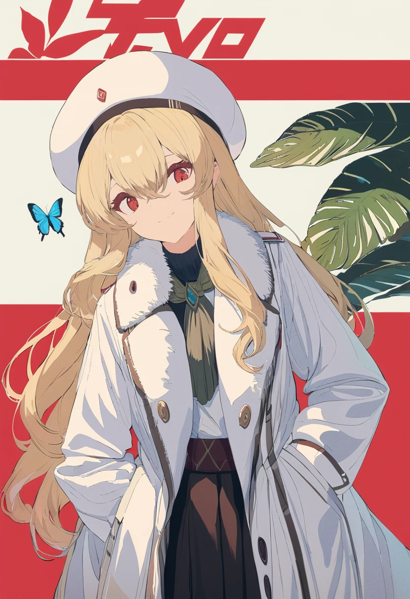masterpiece, best quality, <lora:BARD713XL_V1:1> 1girl, hat, long hair, solo, white headwear, red eyes, long sleeves, looking at viewer, beret, smile, bug, blonde hair, hand in pocket, white coat, coat, closed mouth, fur trim, bangs, hair between eyes, jacket, butterfly, white jacket, skirt, border, open clothes