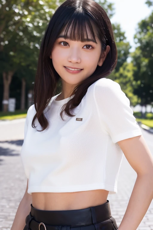 (skin blemish:1.2), (skindentation), black eye, 1woman, 18yo, (((woman))), solo, realistic, best quality, photorealistic, masterpiece, 8k, high res, solo, extremely detailed face, (professional lighting, bokeh), (light particles, lens flare, glowing particles:0.6), (dynamic pose:1.2), soft lighting, top angle view, fashionable and trendy atmosphere, hongkong, street, city, harbour, ((daytime)), sky, ((looking at the viewer:1)), (looking at the camera),(portrait:0.6), cowboy shot, gorgeous, standing, keep original facial proportion, wide shoulder, full body, (huge breast), (long hair), black hair, floating hair, lips, lipstick, seductive smile, floating hair, smile, open_mouth, teeth, (sleeves less white shirt), (mini skirt), eyelashes, mole, (mole under eye:1),