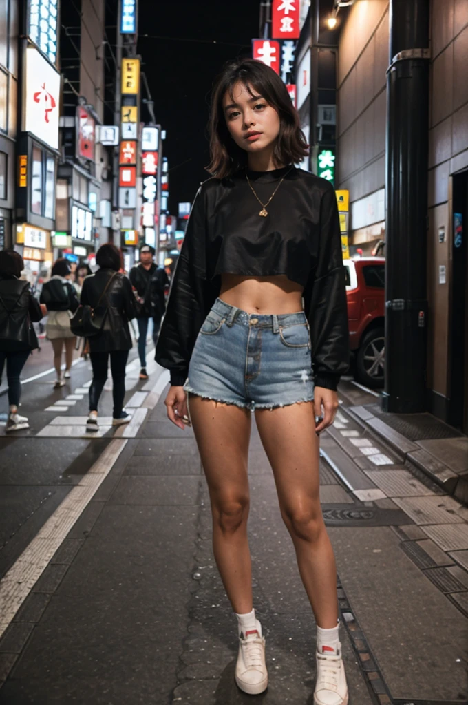 80's photo, girl wearing a cropped top and short shorts, tokyo street at night