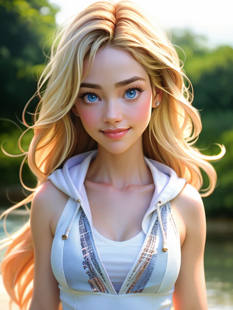 Realistic photo of a beautiful d3n1s3r woman, 1girl,solo,long hair,breasts,looking at viewer,smile,blue eyes,blonde hair,collarbone,upper body,hood,lips,portrait,realistic, soft lighting, professional Photography, Photorealistic, detailed, RAW, analog, sharp focus, 8k, HD, high quality, masterpiece<lora:d3n1s3r:1.0>