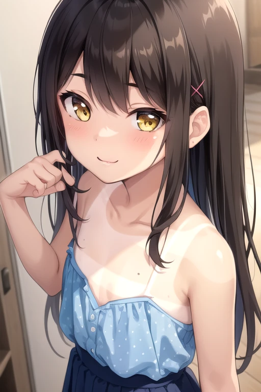 ((masterpiece)),(best quality),official art,extremely detailed CG,unity 8k wallpaper,ultra detailed,beautiful detailed eyes,extremely detailed face,1girl,solo,upper body,(portrait:1.5),looking at viewer,facing viewer,smile,standing,child,petite,shoujo ramune,sayama chie,tanlines,tan,brown hair,very long hair,x hair ornament,side swept bangs,sidelocks,yellow eyes,bare shoulders,collarbone,flat chest,one-piece tan,strap,blue shirt,polka dot shirt,yellow skirt,polka dot skirt,frilled skirt,sandals,<lora:Sayama Chie(sr)>,